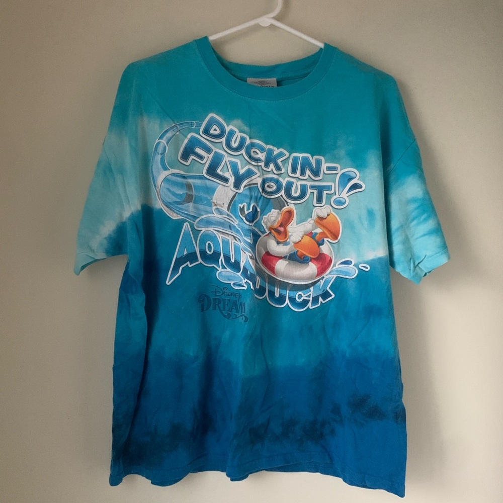 Vintage Disney Donald Duck Blue Short Sleeve Tie-Dye TShirt Duck-In Fly Out Aqua